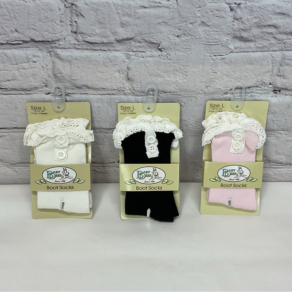 Baby Deer Boot Socks Girl's L (18-24mo) Ivory Pink Black Lace/Button Trim 3 Pair